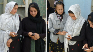 Literacy teacher with her students and their phones, Afghanistan. Credit: UstadMobile, Inc